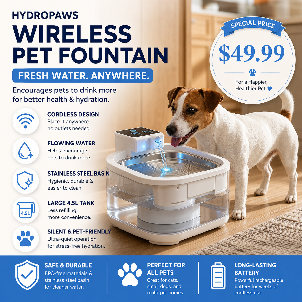 HydroPaws Wireless Pet Fountain- 4.5L Stainless Steel (Fast US Shipping ONLY)