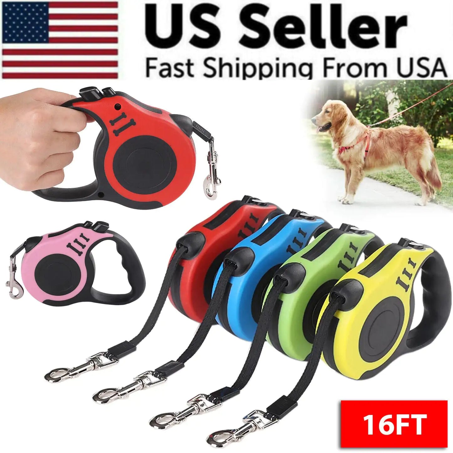 Quick-Retract 16.5FT Dog Walking Leash: Fast Shipping US