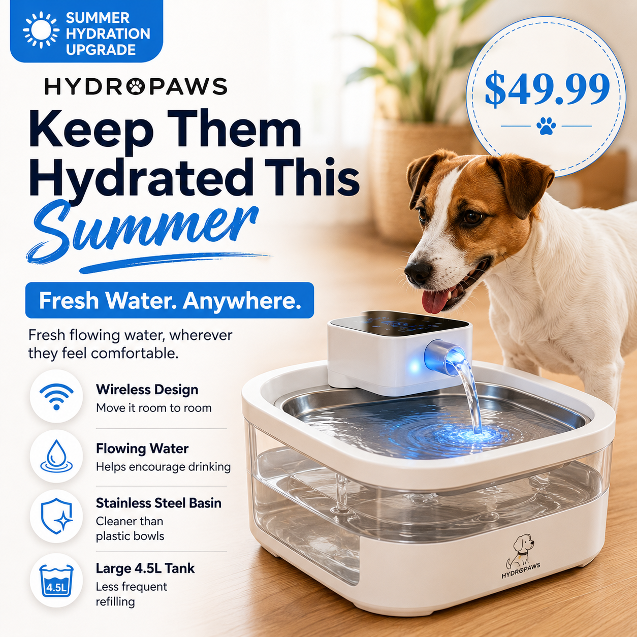 HydroPaws Wireless Pet Fountain- 4.5L Stainless Steel (Fast US Shipping ONLY)