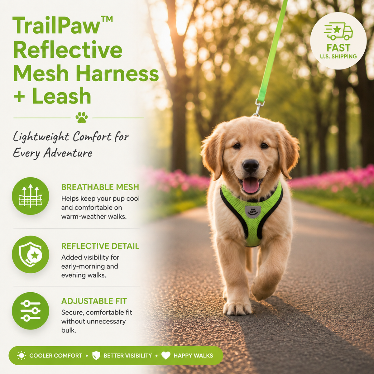 TrailPaw™ Reflective Mesh Harness + Leash (Fast U.S. Shipping)